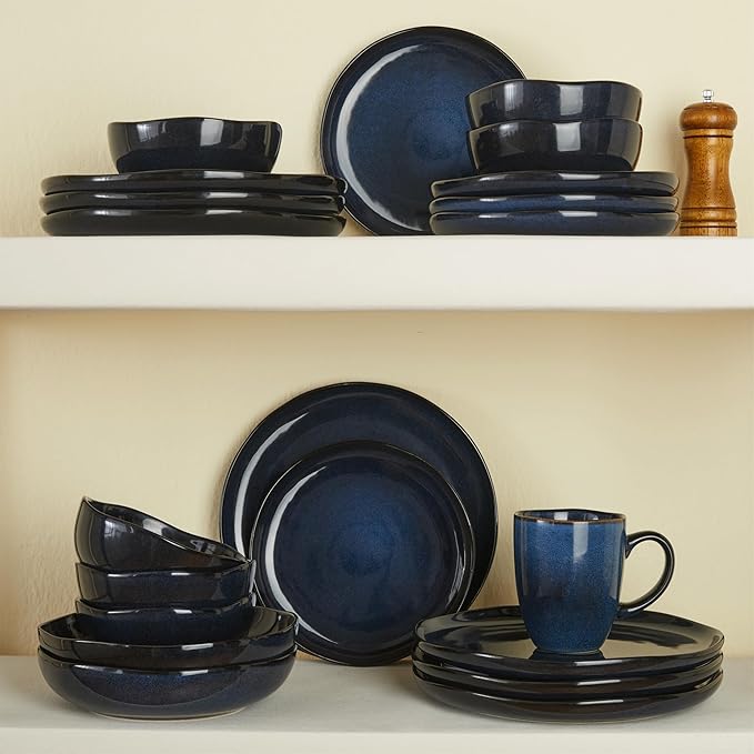 Pokini Ceramic Dinnerware Sets, Microwave Safe Plates and Bowls Sets, Kitchen Dishes Set for 4, Unbreakable & Dishwasher Safe Tableware, Everyday Use, Starry Blue