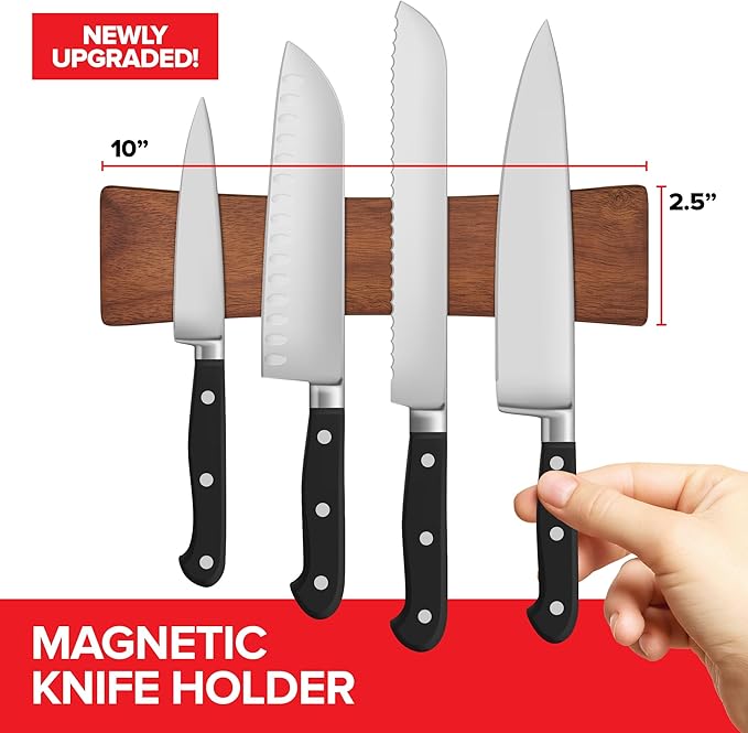 10 Inch Acacia Wood Magnetic Knife Holder with Multipurpose Use, Magnetic Knife Holders for Kitchen, Wooden Knife Rack, Magnet Strips for Knives & Metal Utensils, Tool Holder, Art Supply Organizer