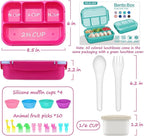 QQKO Bento Box for Kids Adults, School Toddler Lunch Box for Boys Girls, Lunch Box Containers with 4 Compartments, Sauce Container, Utensils, Food Picks and Muffin Cups for School, Pink Blue