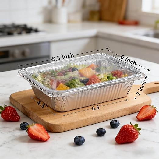 Aluminum Pans with Lids (100-Pack, 8.5"×6") 2.25 LB Capacity Foil Food Containers with Lids - 100 Pans and 100 Clear Lids - Disposable Tin Foil Pans - for Baking, Meal Prep and Freezer, Takeout