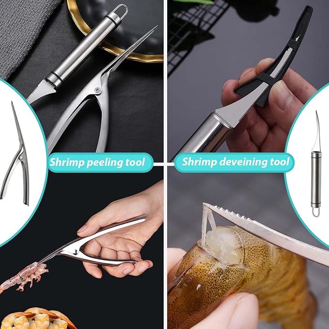 6 Shrimp Deveining Tool Stainless Steel, FRIVASTIC Shrimp Peeler Fish Scraper, Fish Scaling Tool Shrimp Cleaner, Fish Bone Tweezers Fish Cleaning Knife, Pin Bone Tweezers for Salmon Shrimp Fish
