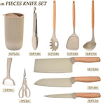 Knife Set, 10 Pieces Professional Kitchen Knife Set with Universal Knife Block, Non-stick Heat Resistan Kitchen Tools and Gadgets with Wooden Handle (Khaki)