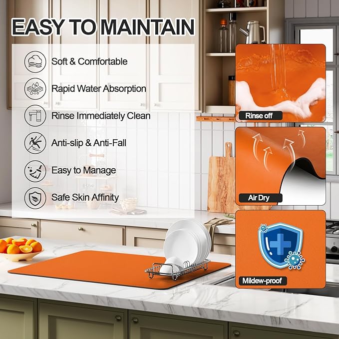 Ecotrim - Dish Drying Mat for Kitchen Counter | Coffee Bar Mat for Countertops | Heat Resistant Drainer Mat with Non-slip Rubber Backed | Hide Stain Kitchen Absorbent Draining Mat | Orange 16"x18"