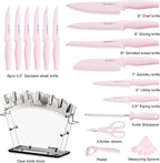 Astercook Knife Set with Block and Sharpener, 22 Piece Kitchen Knife Set Dishwasher Safe, Space-Saving Clear Knife Block with Knives for Everyday Home Cooking Pink