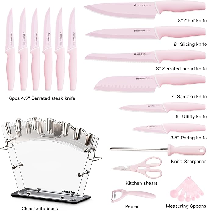 Astercook Knife Set with Block and Sharpener, 22 Piece Kitchen Knife Set Dishwasher Safe, Space-Saving Clear Knife Block with Knives for Everyday Home Cooking Pink