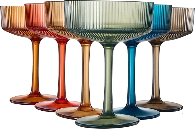 Khen Shatterproof Acrylic Ribbed Vintage Art Deco Martini, Champagne & Cocktail Muted Color Plastic Coupe Glasses | Set of 6 | 8 oz Ripple Glassware Classic Cocktail Indoor & Outdoor, European Style