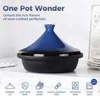 Moroccan Tagine for Cooking: Enameled Cast Iron Cooking Pot, Slow Cooker, Classic Kitchen Cookware, Tajine with Ceramic Cone-Shaped Closed Lid, 3.3 QT, Blue