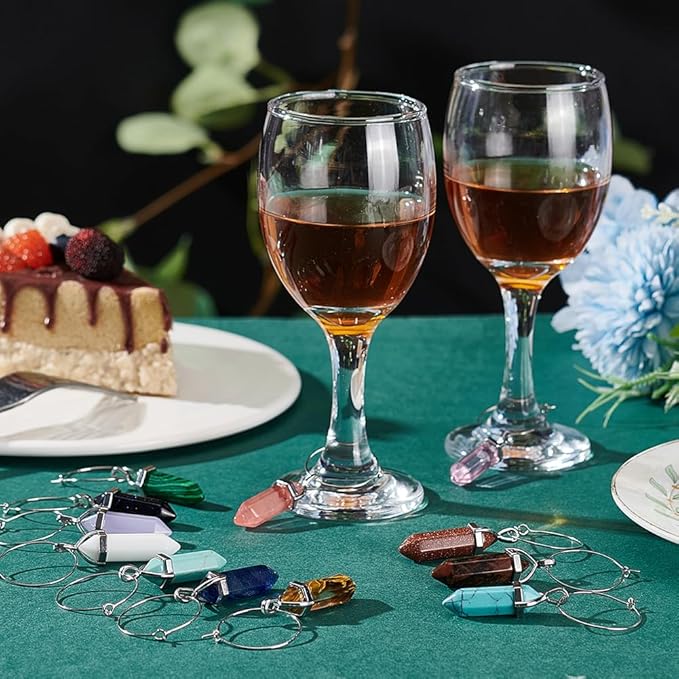 BENECREAT 12 Sets Wine Glass Charms, Gemstone Identifier Tags Drink Markers Tags with Pendant and Hoop for Cocktail Champagne Wedding Birthday Wine Tasting Party Decoration