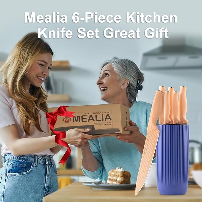 Kitchen Knife Set with Block, 6-Piece Non-stick Stainless Steel Sharp Knives Set for Precision Cutting with Universal Knife Block for Kitchen, Ergonomic Design & Dishwasher Safe, Pink