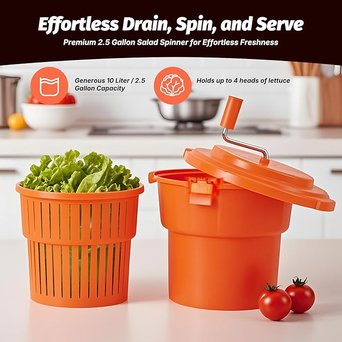 CMI 2.5 Gal/10 Qt Large Commercial Salad Spinner Jumbo Manual Lettuce Dryer-Dries up to 4 Heads of Lettuce, Orange (SP-9.5)