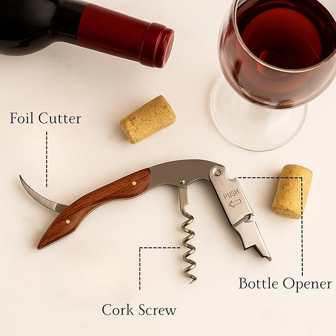 Professional Waiter’s Corkscrew – Double-Hinged Wine Opener with Wooden Handle & Leather Case, Durable Stainless Steel Wine Key for Bar, Restaurant & Home