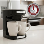 OVENTE Double Drip Coffee Maker with 2 Ceramic Mugs and Auto Shut Off, Small Dual Drip Coffee Maker Machine Works with Ground Coffee Only, Compact Kitchen or Office Essential, Black CMDD2MB