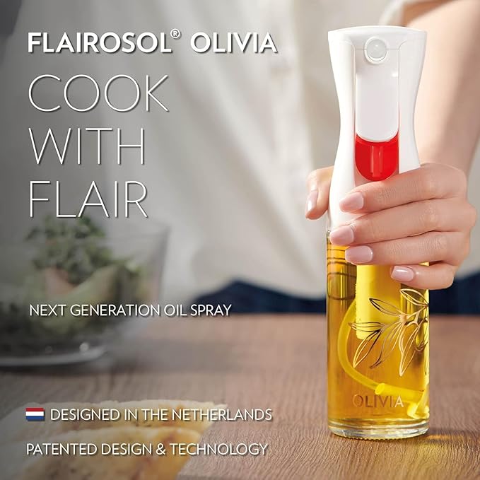 FLAIROSOL OLIVIA SIGNATURE Advanced Kitchen Oil Sprayer Technology, Fine Mist & Portion Control, Refillable Glass Olive Oil Cooking Spray Bottle for Air Fryer, Salad, BBQ, 130ml (Golden Leaves)