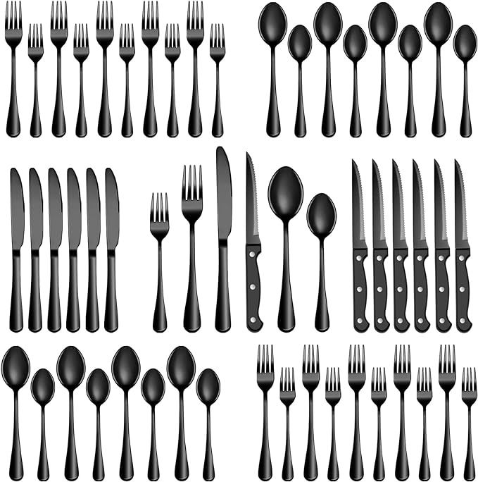 24 Pcs Black Silverware Set with Steak Knives, Stainless Steel Flatware Cutlery Set Service for 4, Kitchen Tableware Set, Utensil Set for Home and Restaurant, Knives Forks Spoon Set, Dishwasher Safe