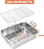 Nonstick Roasting Pan, 15 Inch Stainless Steel Turkey Pan with V-Shaped Rack &Cooling Rack - Rectangular Roaster for Turkey, Chicken, Vegetables,Healthy & Dishwasher Safe - Fits 20lb Turkey
