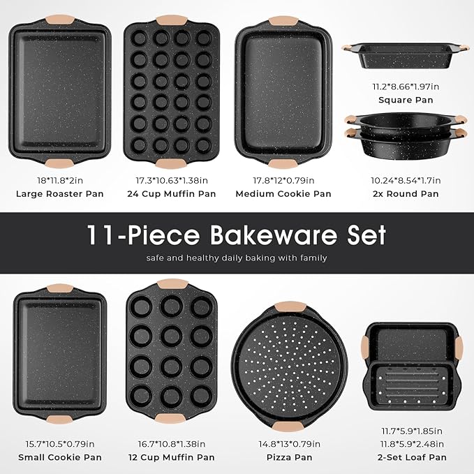 11-Piece Baking Pans Set, Nonstick Bakeware Sets, Oven Pans for Baking with Silicone Handles, Includes Cookie Sheet, Cake Pans, Loaf Pan, Pizza Pan, Muffin Pan, Khaki&Black