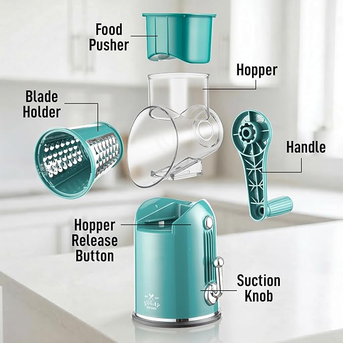 Zulay Kitchen Rotary Cheese Grater 5 Blade Cheese Shredder - Manual Hand Crank Cheese Grater With Reinforced Suction & 5 Interchangeable Drums - Easy to Use, Vegetable Chopper Round Mandoline Slicer