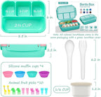 QQKO Bento Box for Kids Adults, School Toddler Lunch Box for Boys Girls, Lunch Box Containers with 4 Compartments, Sauce Container, Utensils, Food Picks and Muffin Cups for School, Pink Green