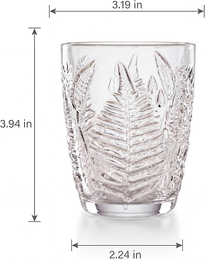 Vintage Drinking Glasses Set of 4, 10 oz Hand-Pressed Clear Glass Cups, Fern Embossed Retro Glassware, Textured Tumblers for Water, Cocktails & Juice, Decorative Kitchen Drinkware, Unique Boho Gift