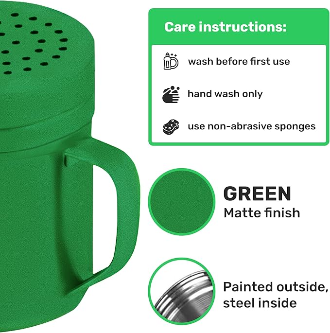 CUSINIUM 10oz Forest Green Stainless Steel Salt Pepper Dredge Shakers - With Plastic Cap - With Handle - Pack of 2