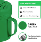 CUSINIUM 10oz Forest Green Stainless Steel Salt Pepper Dredge Shakers - With Plastic Cap - With Handle - Pack of 2