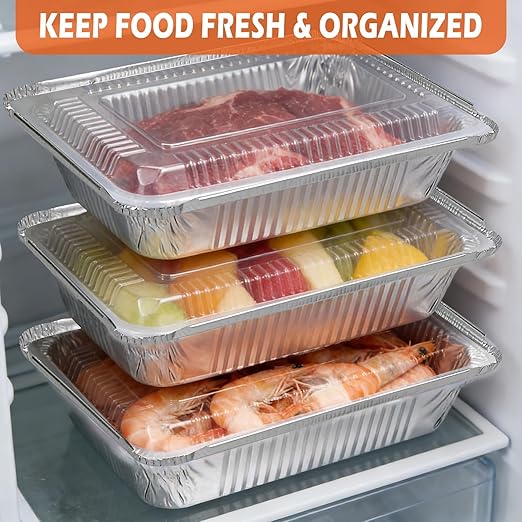 Aluminum Pans with Lids (100-Pack, 8.5"×6") 2.25 LB Capacity Foil Food Containers with Lids - 100 Pans and 100 Clear Lids - Disposable Tin Foil Pans - for Baking, Meal Prep and Freezer, Takeout