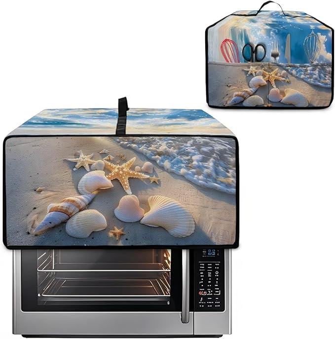 Beach Starfish Shell Print Toaster Oven Scratch-resistant Cover, Heat-resistant Small Appliance Cover for Kitchen Counter with Storage Pockets (Medium-16.1 * 19.71 * 10 inches)