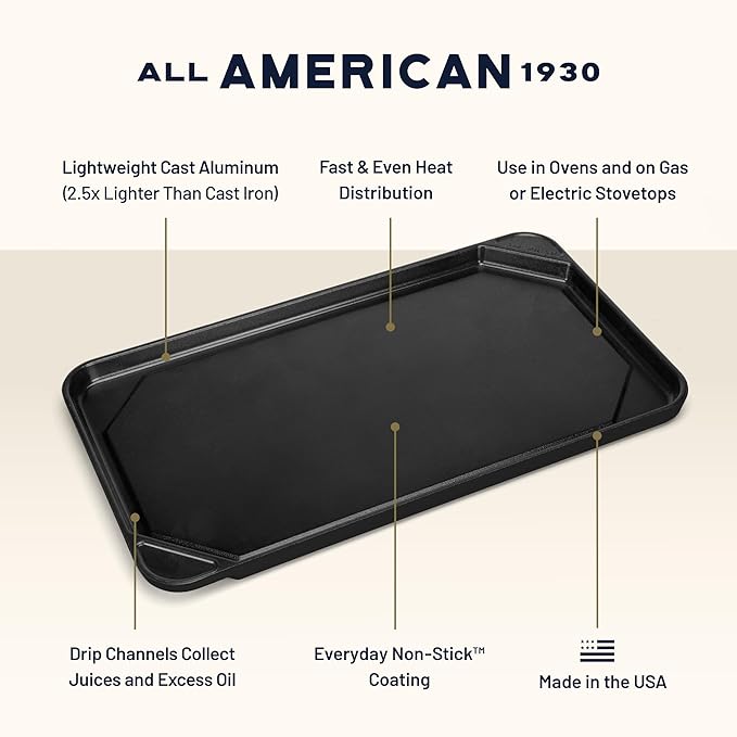 All American 1930 - Ultimate Flat Griddle with Ceramic Non-Stick Coating - Black Onyx - Durable & PFAS Free - For Easy, Prep, Cooking, & Cleaning - Made in the USA