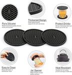 3 Pack Silicone Coasters for Drinks, Thickened Black Coaster with Deep Tray Grooved Design Cup Mat, Washable Heat Resistant Durable Non-Slip Coasters for Coffee Table Wooden Desk Kitchen Bar