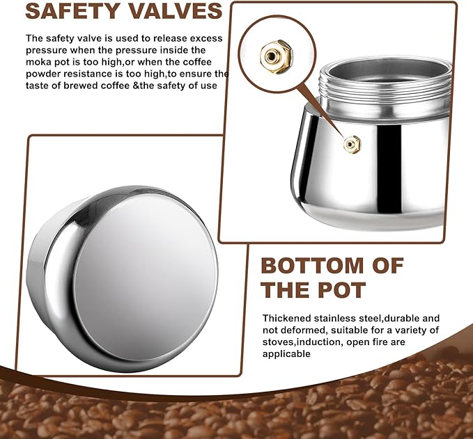 4 Cup Stovetop Espresso Maker Stainless Steel Moka Pot Stove Top Percolator Italian Coffee Makers Capable Mocha Greca Machine Cafe Classic Induction Cookers for Home and Camping 200ml 6.6oz