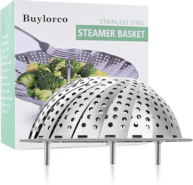 Buylorco Stainless Steel Folding Vegetable Steamer Insert for Veggie & Seafood Cooking (fits pots 6" to 10")
