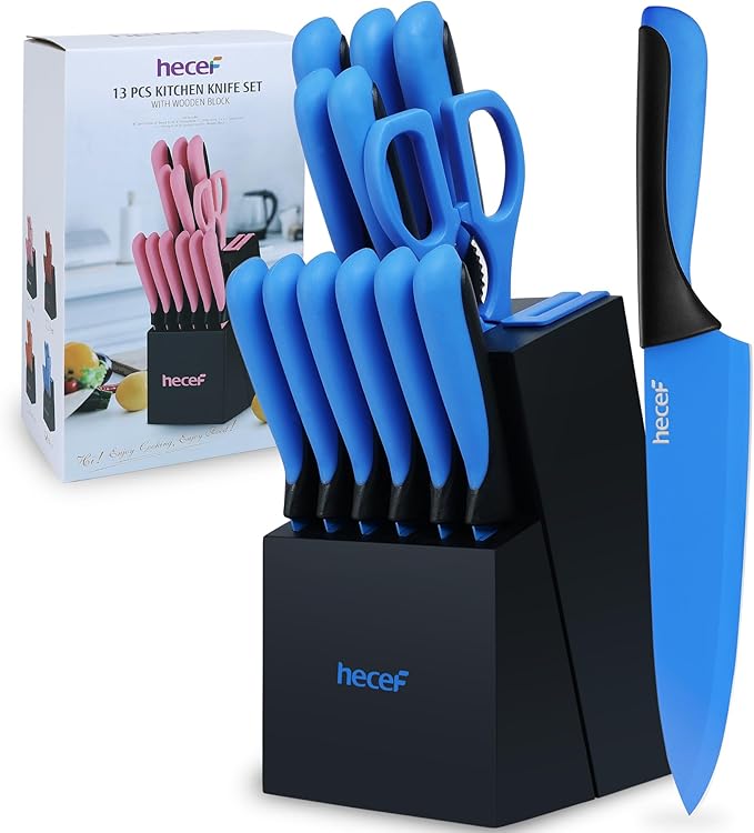 hecef 15 Pieces Kitchen Knife Set with Built-in Sharpening Wooden Block, Dishwasher Safe, High Carbon Stainless Steel Knife Block Set with Steak Knives, Kitchen Scissors (Blue)