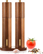 Wooden Salt and Pepper Grinder Set 10 Inch Manual Salt and Pepper Mill with Tray Adjustable Coarseness Refillable Wood Grinders with Gold Bottle Label for Kitchen(Wood Color)
