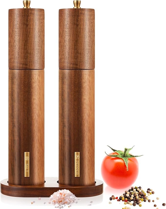 Wooden Salt and Pepper Grinder Set 10 Inch Manual Salt and Pepper Mill with Tray Adjustable Coarseness Refillable Wood Grinders with Gold Bottle Label for Kitchen(Wood Color)