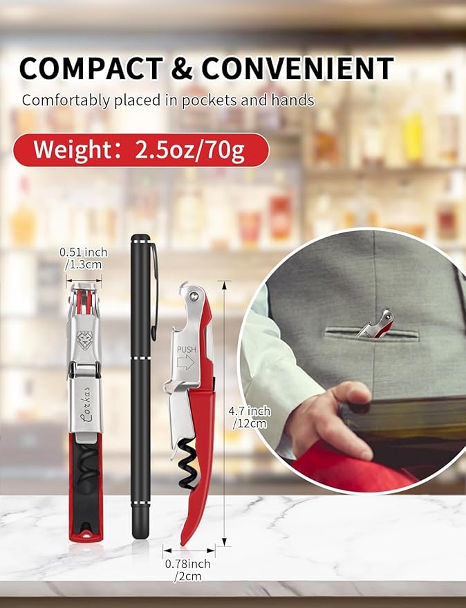 CORKAS Wine Key - Professional Handcrafted Heavy Duty Waiter Corkscrew, Compact Wine Opener with Double Hinged, Foil Cutter and Bottle Opener, Gifts for Servers, Sommelier, Bartenders - Red