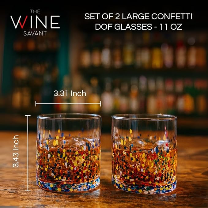 Large Confetti DOF Glasses – Set of 2-11oz Luxury Hand Blown Confetti Whiskey, Margarita, Martini, Cocktails, Water, Wine, Dessert & Champagne Glasses Cinco de Mayo, Hand Blown - Mexican Water Glass