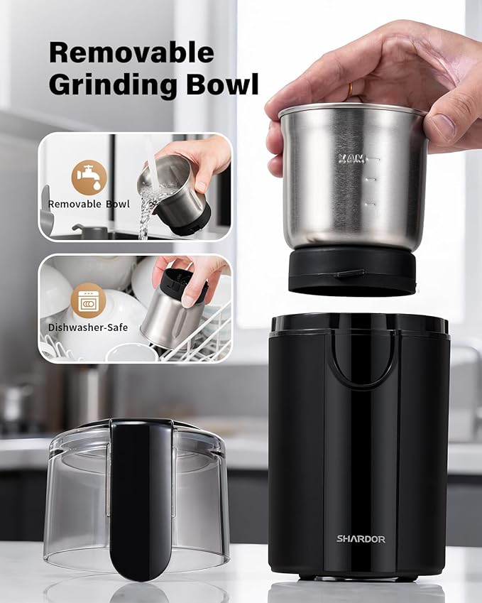 SHARDOR Coffee Grinder Electric, Spice, Herb, Grinder for Coffee Bean Spices and Seeds with 2 Removable Stainless Steel Bowls, Black