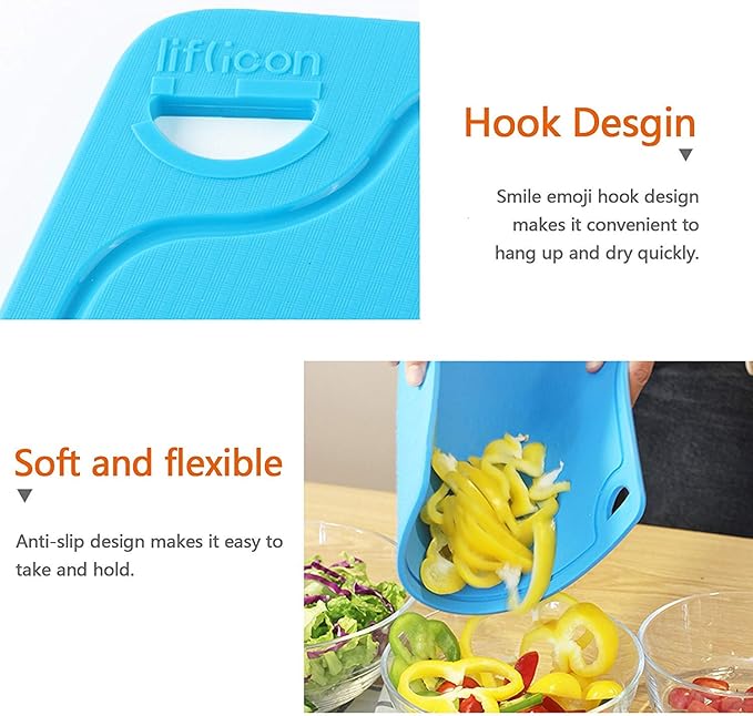 Liflicon Silicone Thick Cutting Boards Mats Set of 3pcs Foldable & Flexible Design Juice Grooves Easy Grip Handle Dishwasher Safe for Kitchen,BPA free Chif-Blue