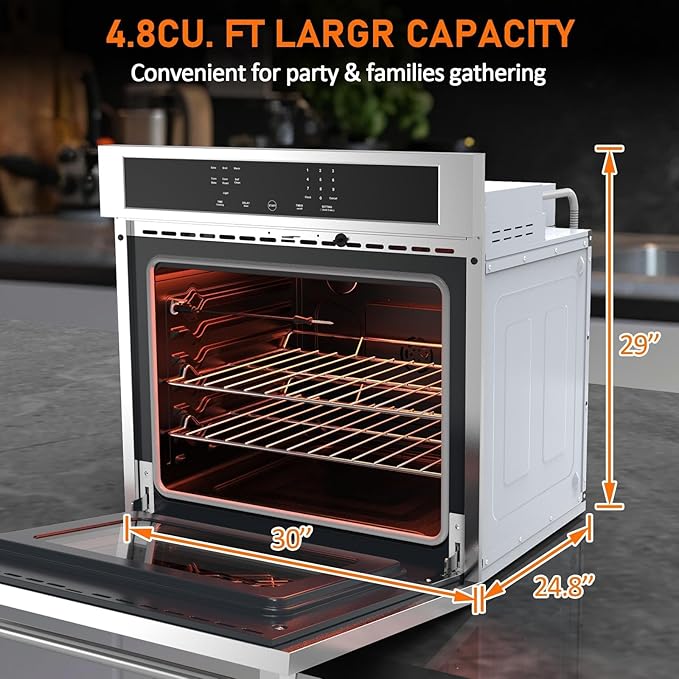 30 Inch Single Wall Oven, 4.8 Cu.Ft. Electric Convection Wall Oven, 3800W Built-In Electric Ovens with Broil Bake Roast Function, Stainless Steel Finish, Touch Control, Silver
