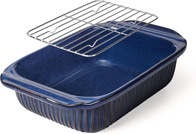 Artena Baking Dish 2.3 Quarts, Casserole Dishes For Oven, Baking Pan With Handles, Lasagna Pan Deep, Large Casserole Dish, Rectangular Ceramic Bakeware, Blue (Baking Dish With Rack)