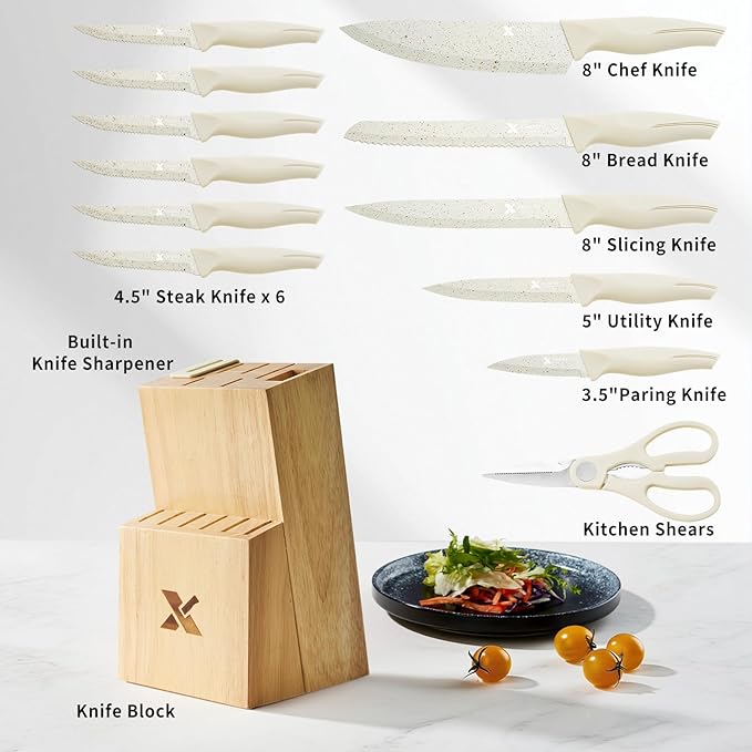 XANAPON Knife Set, Dishwasher Safe Kitchen Knife Set, CreamWhite Ergonomic Handle and Ceramic-Coated Blades, Built-in Sharpener Block, Sturdy German Stainless Steel