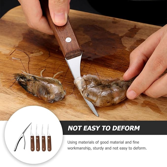 BESPORTBLE Stainless Steel Shrimp Peeler and Deveiner Set with Wood Handles 4 Shrimp Knives and 1 Shell Clipper Seafood Tool and Deveining Kitchen Specialty Gadgets 5pcs
