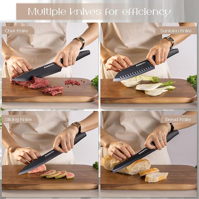Astercook Knife Set with Block and Sharpener, 22 Piece Kitchen Knife Set Dishwasher Safe, Space-Saving Clear Knife Block with Knives for Everyday Home Cooking Black
