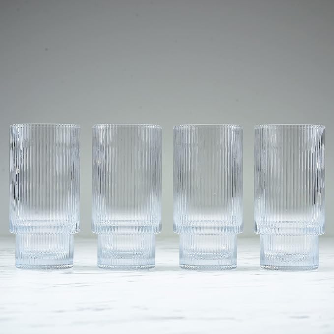 Greenline Goods Ripple Drinking Glasses - 12 oz Modern Kitchen Glassware Set Unique Vintage Cups For Weddings, Cocktails Or Modern Bar - Set of 4