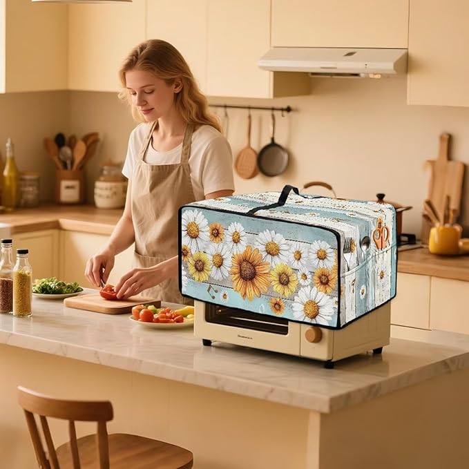 Wooden Board Daisy Print Toaster Oven Dust-proof Cover for Kitchen Small Appliance Fingerprint Protection Decorative Countertop Oven Protector (Medium-16.1 * 19.71 * 10 inches)