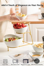 LAUCHUH 3 Tier Serving Stand Serving Dishes for Entertaining Porcelain Oval Bowl Set Tiered Serving Tray for Fruit, Vegetable, Nuts, Salad, Chip Dip Bowl Set for Easter, Mother's Day, Gold