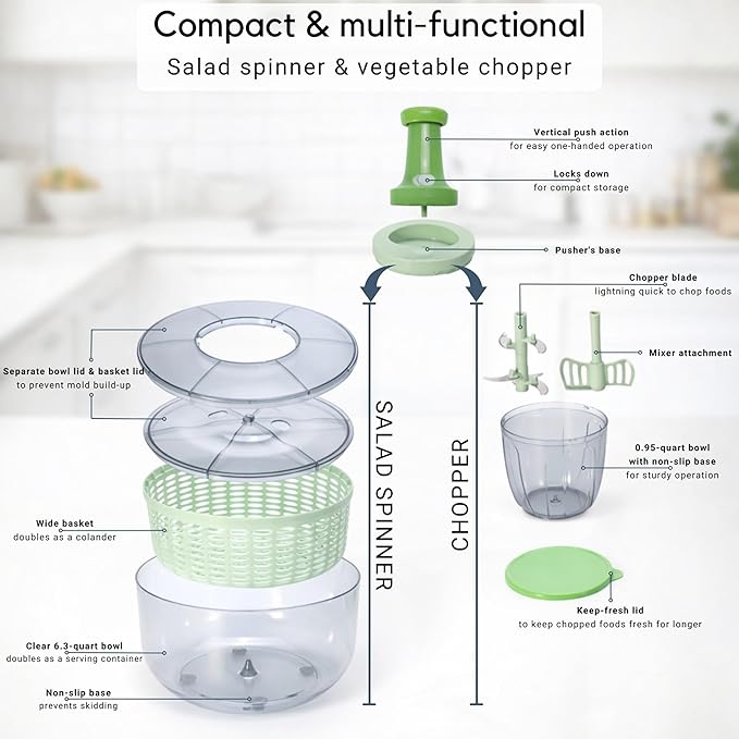 Brieftons Salad Spinner and Chopper: Large 6.3-Quart Lettuce Greens Vegetable Washer Dryer, with Bonus 0.95-Quart Veggie Chopper Mixer, Compact Storage, Easy Push Operation for Quick Veggie Prepping