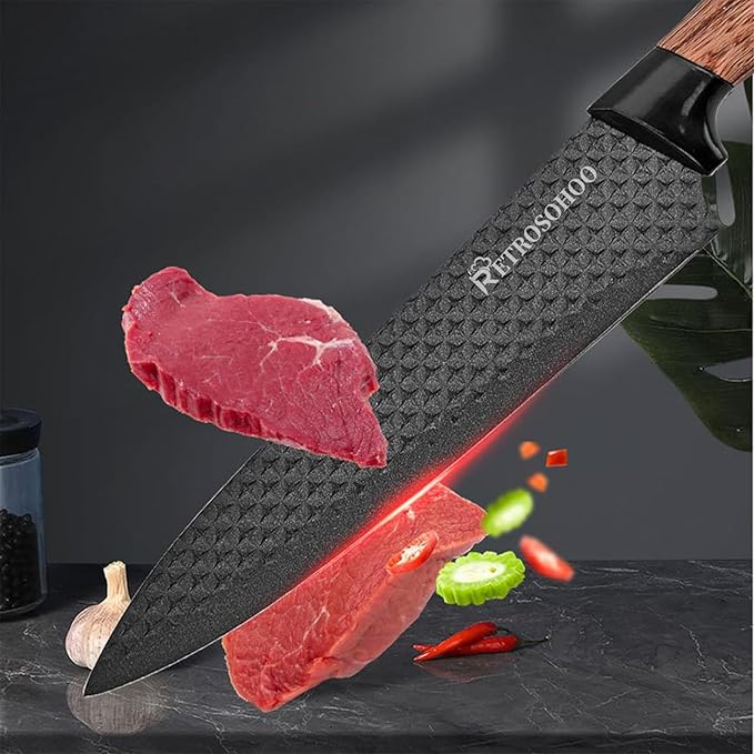 Kitchen Knife Set, Retrosohoo 6-Pieces Khaki Sharp Knife Block Set for Kitchen, Non-stick Non-slip Stainless Steel Chef Knife Set with Universal Knife Block Suitable for Home Restaurant (Black)