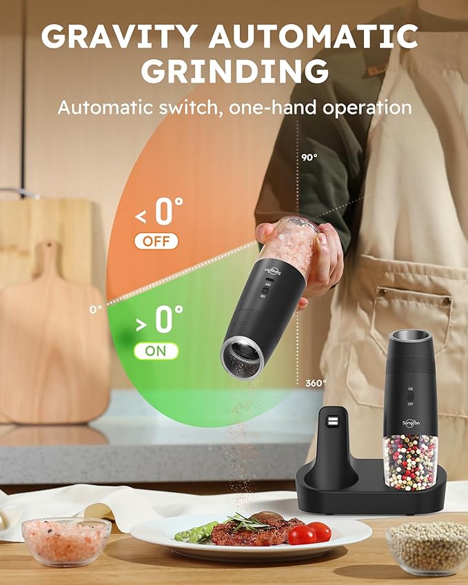 Sangcon Gravity Electric Salt and Pepper Grinder Set RECHARGEABLE, Automatic Salt Pepper Shakers with Charging Base - LED Light One Hand Operation, External Adjustable Coarseness Pepper Mill