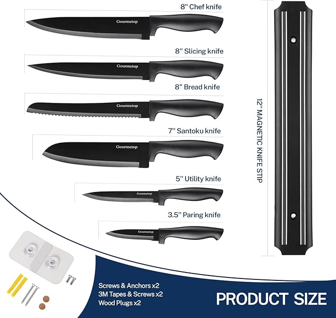 Gourmetop Kitchen Knife Set with No Drilling Magnetic Strip for Kitchen Black Titanium Small Cooking Knives, Sharp Stainless Steel Chef Knife Set for Cutting Meat & Vegetable